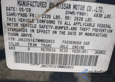 2009 Infiniti M35 z USA, uszkodzony, nr VIN JNKCY01E79M802923